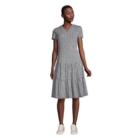 Land’s End Dress Short sleeve tiered dress Baltic teal palm knit pockets Med T - Picture 2 of 14